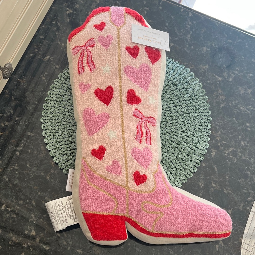 NWT Isaac Mizrahi Cowgirl Boot Pillow, Pink Hearts Bow. Unique